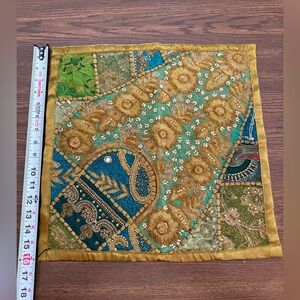 Indian Hand Embroidered Patchwork Cushion Cover - Green and Gold